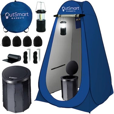 Outsmart Gadgets Outdoor Portable Toilet Set for Adults with Camping Night Lantern Folding XL Toilet Pop Up Privacy Tent and Carry Bags Multipurpose Potty Washable and Foldable for RV Travel