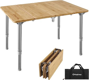 KingCamp Bamboo Folding Table Lightweight Camping Table with Adjustable Height Aluminum Legs 4Fold Compact Small Portable Camp Tables for Travel RV Picnic Party Beach Outdoor and Indoor 12 Person