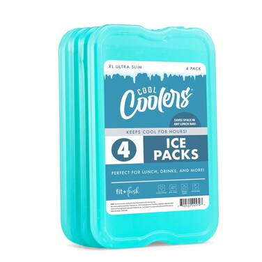 Cool Coolers by Fit  Fresh 4 Pack XL Slim Ice Packs Quick Freeze Space Saving Reusable Ice Packs for Lunch Boxes or Coolers