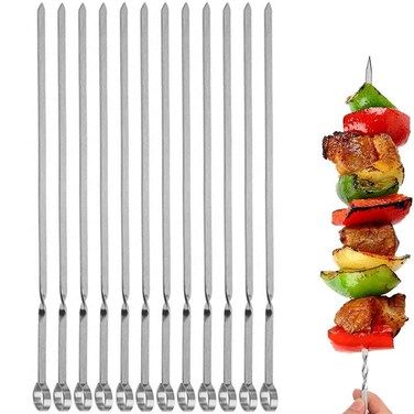 JOMVERL 12PCS Kabob Skewers Flat Metal BBQ Barbecue Skewer 14 Long Stainless Steel Shish Kebob Sticks Wide Reusable Grilling Skewers Set for Meat Shrimp Chicken Vegetable 12 Pack