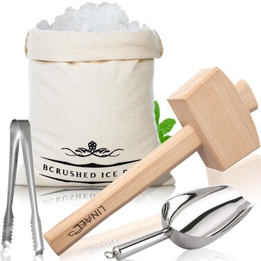 LINALL Ice Mallet and Ice Bag  Wood Hammer and Cotton Canvas Bag for Crushed Ice Bartender Kit  Bar Tools Kitchen Accessory  ICML0001