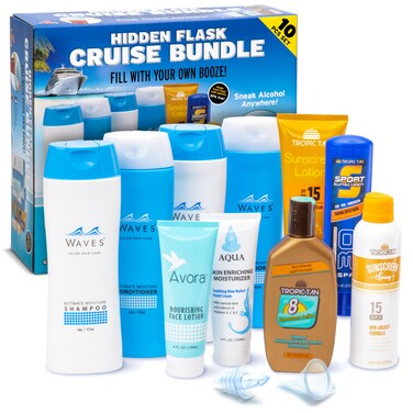 GoPong Cruise Bundle Hidden Alcohol Travel Flasks 104 oz Total  Set of 10 Secret Liquor Containers for Beaches Cruises and Sports Events  Includes Funnel  Spout