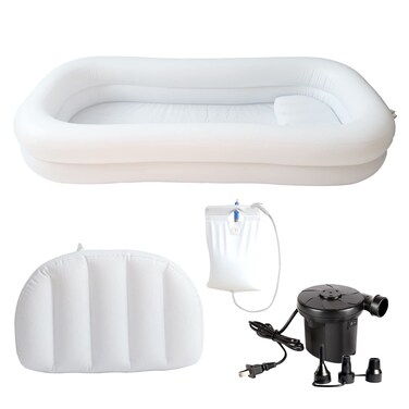 Timisea Medical Inflatable Bathtub Portable Bed for Geriatric Elderly Disabled Bedridden Patients Handicapped Air Pump Adult PVC Bathtub with Water Bag Air Pillow Bath in Bed Double Layer