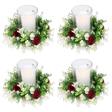 Acmee 4 Pcs Rose Floral Candle Rings Artificial Burgundy Flowers Wreaths with Green Eucalyptus Leaves Rose Candle Rings for Pillar Wedding Farmhouse Centerpiece Home Decor