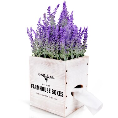 Countree Rustic Hidden Wood Facial Tissue Box Cover Holder Plant with SlideOut Bottom Panel  Looks Like an Artificial Flower Potted Lavender for Farmhouse Home Decor Grey
