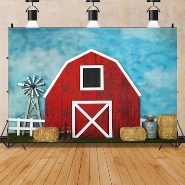 Sakioo Red Barn Door Haystack Photography Backdrop Farm Theme Children Harvest Birthday Photography Background Cake Table Decoration Banner Background Vinyl 7ftx5ft