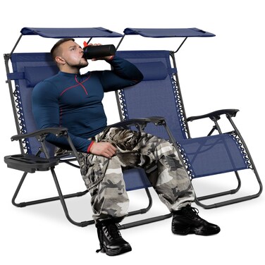 MoNiBloom 29Inch Oversized Zero Gravity Chairs Set of 2 Patio Anti Gravity Recliner with Canopy Shade XL Foldable Outdoor Lounger with Cup Holder Tray for Beach Camping Navy Blue