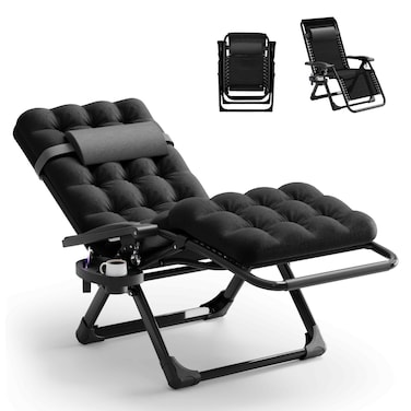 Seeutek Zero Gravity Lounge Chair Anti Gravity Lounger wRemovable Extra Thick Cushion Upgraded Lock and Cup Holder Folding Reclining Chairs Recliner for Patio Camping Indoor Outdoor  Black