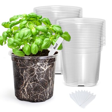 Bonviee Nursery Pots for Plants 5 Inch Plant Pot for Planting with Humidity Domes Plastic Seedling Pots with Drainage Holes Seed Starter Pot Flower Pots with 10 Plant Labels 30 Pack