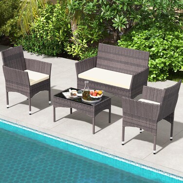 TINKLE WELL Outdoor Patio Furniture Sets 4 Pieces Rattan Chairs Wicker Conversation Set with Tempered Glass Table Cushion for Yard Garden Poolside Porch Bistro Balcony