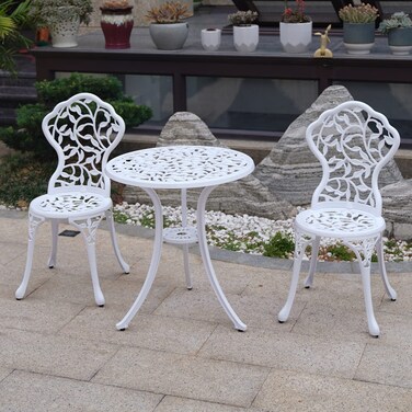KAI LI Patio Bistro Sets 3 Piece cast Aluminum Patio Furniture Outdoor Garden Metal Rust Proof Tables and Chairs White bisrto Set LeafWhite