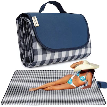 RUIBOLU Beach Blanket Large Picnic Blankets Sandproof Beach Mat for 24 Adults Waterproof Quick Drying Outdoor Picnic Mat for Travel Camping Hiking Festival Park Lawn Dark Blue Plaids