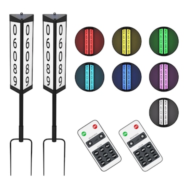 3 Side Solar Address Plaque Lighted House Numbers for Outside Waterproof RGBW Color Changing Remote Control Led Illuminated Solar Address Sign with Stakes for Garden Street Home Yard 2 PACK