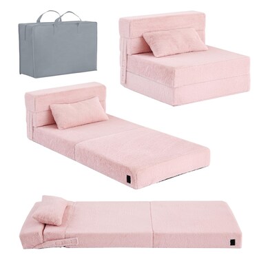 Tiita Folding Sofa Bed Floor Mattress for Kids Toddler Washable Foldable Floor Nap Mat for Sleeping Child Fold Up Sofa Futon Folding Chair Bed with Storage Bag for Girls Boys Ball Plush Pink