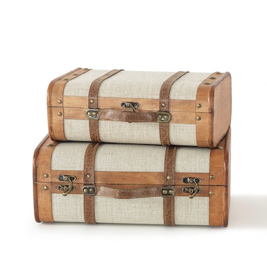 SLPR Decorative Wooden Storage Chest  Set of 2  Wood Trunk Suitcase with Straps Beige  Antique Nesting Trunks