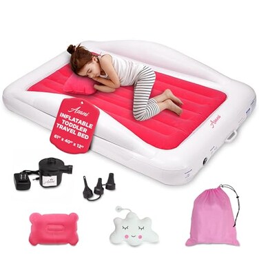 Asani Inflatable Toddler Travel Bed with Electric Pump Leakproof Air Mattress wReinforced Protective Bumpers Includes Carry Case and Pillow Fits Kids Up to 4ft for Camping  Sleepovers Pink