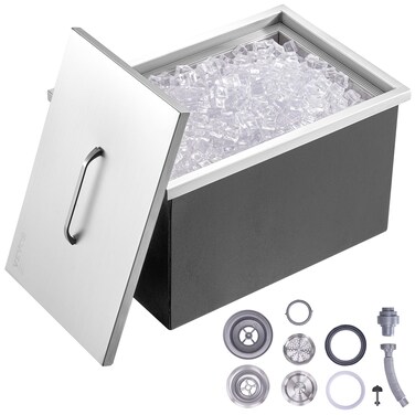 VEVOR Drop in Ice Chest Stainless Steel Ice Cooler Commercial Ice Bin with Hinged Cover Outdoor Kitchen Ice Bar DrainPipe and Drain Plug Included for Cold Wine Beer