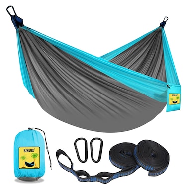 SZHLUX Camping Hammock Double  Single Portable Hammocks with 2 Tree Straps Great for HikingBackpackingHuntingOutdoorBeachCamping Light Grey  Sky Blue