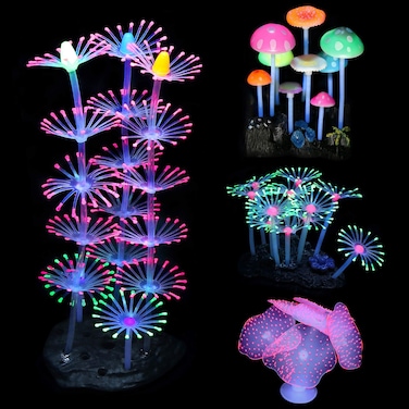Lpraer Mangsen 4 Pack Glow Aquarium Decorations Coral Reef Glowing Mushroom Anemone Simulation Coral Plant Glowing Effect Silicone for Fish Tank Decorations
