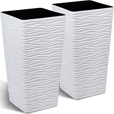 Worth Garden 2Pack Tall Tapered Planter  Plastic White Square Plant Pots for Indoor Outdoor  22 H Large Tree Planter  Modern Matte Wavy Finish Flower Pots for Front Porch Containers Patio Deck