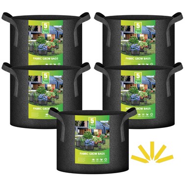 iPower 5 Pack 5 Gallon Grow Bags Garden Planting Nonwoven Fabric Pots with Reinforced Handle Heavy Duty and Aeration Planter Pot for Tomato Fruits Vegetables and Flowers