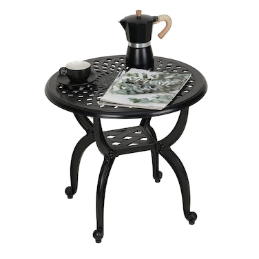 JARDIN DE CENTENNIAL Cast Aluminum SideEnd Table AntiRust Coffee Bistro Table for Outdoor Patio Indoor Garden Porch Balcony Round Black
