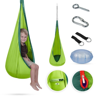 Appomattox Kids Hammock Chair Swing Seat Pod for Sensory Support Bedroom Gaming or Reading Personal Relaxation Nook with Snack Pocket Indoor or Outdoor Inflatable Cushion