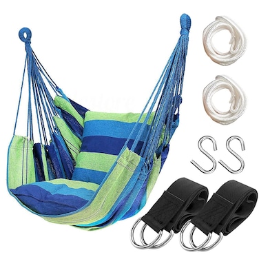 hatisan Hammock Chair Hanging Rope Swing Seat for Indoor Outdoor Max 300Lbs Hanging Hammock Chair for Bedroom Patio Porch Wooden Bar and Pillows NOT Included BlueGreen