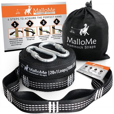MalloMe XL Hammock Straps  Hammock Tree Straps Set 2000 LBS Heavy Duty 40 Loops  100 No Stretch Suspension System Kit  Camping Hammock Accessories  2 Carabiners  12 Feet Black