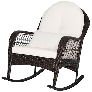 MEDIMALL Outdoor Wicker Rocking Chair Patio Rattan Rocker wLumbar Pillow Padded Seat  Back Cushions Metal Frame Mix Brown Wicker Furniture for Balcony Porch Deck Backyard Off White