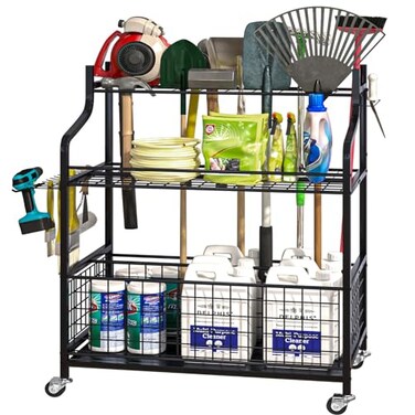 Azheruol Garden Tool Organizer Yard Tool Storage Rack With WheelsGarden OrganizerSteel Yard Tool Racks To Store Long RakesBroomsGarage Tool Stand Holder For GardenShedOutdoorBlack