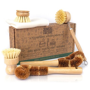 Jungle Culture 6 Piece Natural Dish Brushes for Washing Up  Eco Dish Brush Kitchen Cleaning Set  Plant Based Coconut Scrubbers  BottlePot Brush  Eco Friendly Scourer Sponge for Pans  Dishes