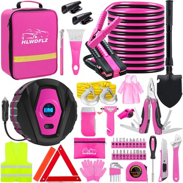 HLWDFLZ Car Emergency Kit with Portable Air Compressor  Auto Emergency Roadside Assistance Car Kit Winter Car Safety Roadside Assist Kit for Teen Girl and Ladies M75