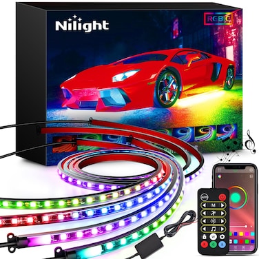 Nilight 4Pcs Car Underglow Neon Accent Strip Lights 256 LEDs RGBIC Multi Color DIY Sound Active Function Music Mode with APP Control and Remote Control Underbody Light Strips 2 Years Warranty