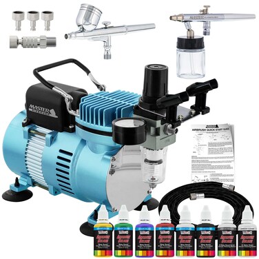 Master Airbrush Cool Runner II Dual Fan Air Compressor Airbrushing System Kit with 2 Professional Airbrushes Gravity and Siphon Feed  6 Primary Opaque Colors Acrylic Paint Artist Set  How to Guide