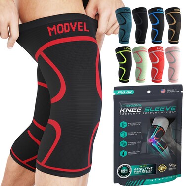 Modvel Knee Braces for Knee Pain Women  Men  2 Pack Knee Brace for Knee Pain Set Knee Brace Compression Sleeve Knee Support for Knee Pain Meniscus Tear ACL  Arthritis Pain ReliefRed L