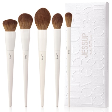 Jessup Makeup Brush Set 5Pcs Face Makeup Brushes Vegan Soft Foundation Brush Blush Brush Bronzer Contour Brush Highlighter Brush Fluffy Setting Powder Brush Light Grey T493