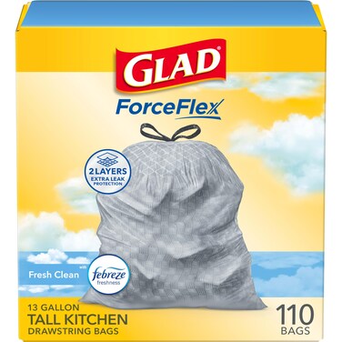 Glad Tall Kitchen Drawstring Trash Bags  Odorshield 13 Gallon White Trash Bag Febreze Fresh Clean White Not Applicable Febreze  Fresh Clean 110 Count