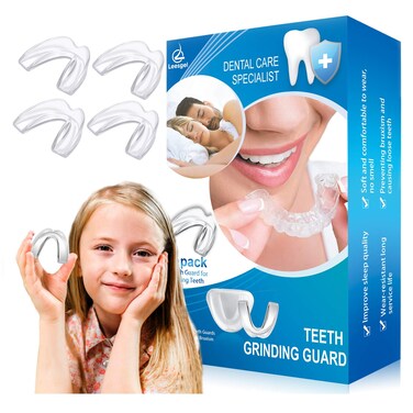 Kids Mouth Guard for Grinding Teeth Pack of 4 Night Sleep Teeth Guards Eliminates TMJ Teeth Clenching Stops Bruxism Teeth Whitening Tray Sport Athletic Mouth Guard Kid Size only fit for Kids