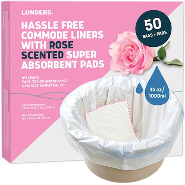 Lunderg Commode Liners with Rose Scented Absorbent Pads  Value Pack Medical Grade 50 Count Universal Fit  Disposable Bedside Commode Liners and Pads for Adult Commode Chairs  Portable Toilets