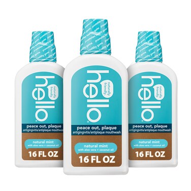 Hello Oral Care Naturally Healthy Antigingivitis Fluoride Free and SLS Free Mouthwash with Aloe Vera and Coconut Oil 3 Count
