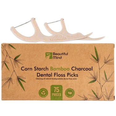 Beautiful Mind Eco Friendly Dental Floss Picks for Teeth Cleaning  All Natural Biodegradable Dental Floss Sticks  Strong Bamboo Charcoal Floss Thread with Corn Starch Handle  Pack of 75 pcs