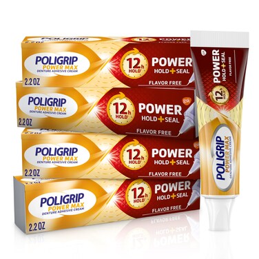 Super PoliGrip Power Max Power Hold plus Seal Denture Adhesive Cream Denture Cream for Secure Hold and Food Seal Flavor Free  22 oz Pack of 4