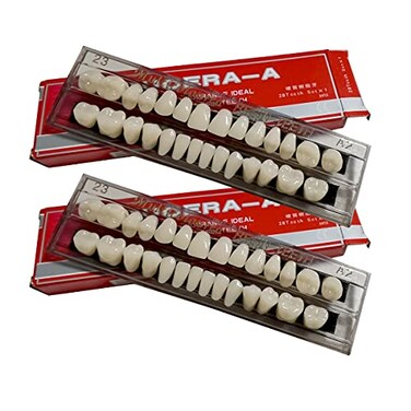 Ceonam 56 Pcs False Teeth Dental Complete Acrylic Resin Denture Teeth 2 Set Whole Teeth Synthetic Polymer Denture Tooth 23 Shade A2 Upper  Lower Dental Materials for Replacement DIY or Halloween