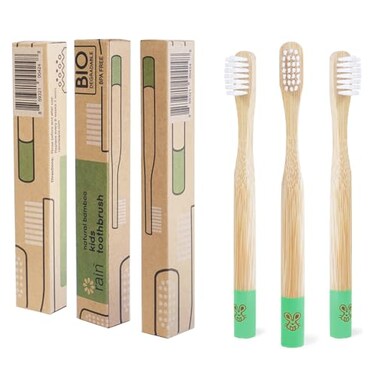 Rain Organic Bamboo Baby Kids Toothbrush  100 Safe Infant Toddler Toothbrush 6 to 12 Months and Up Natural BPAFree Biodegradable Wood Toothbrush Extra Soft Bristles Childrens Dental Care 3 Pack