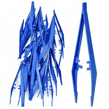 AccEncyc 30 Pcs DisposableTweezers Bulk Pack Blue 5 Inch Plastic Tweezers for Home School and Lab