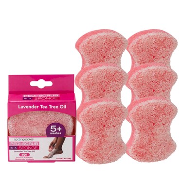 Spongeables PediScrub Foot Buffer Exfoliating Sponge with Heel Buffer and Pedicure Oil 5 Washes Lavender Scent Pink 6 Count