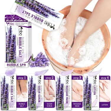 nbc BeautiLab Pedicure Kit Foot Soak Set Bubble Salt Sugar Scrub Massage Mask Massage Lotion in a Box 4 Step Foot Spa Kit for Dry FeetTired Feet1 Set Lavender