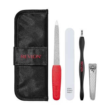 Revlon Manicure Essentials Kit with Travel Case Manicure Set for Nail Care with Dual Ended Cuticle Trimmer Curved Blade Nail Clipper Compact Emeryl File and Nail Buffer 1 Count