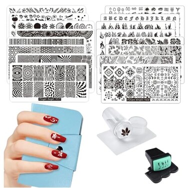 FingerAngel 21Pcs Nail Stamp Plate Set 16Pcs Mix Design Stamping nail Art Plate  2Nail Stamper  2Sc1Pcs Case Nails Art Stamping Plate Sc Stamper Set Leaves Flowers Nail plate V1732